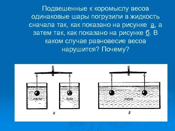 Подвешенные к коромыслу весов одинаковые шары погрузили в жидкость сначала так, как показано на