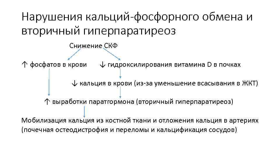 Нарушения кальций-фосфорного обмена и вторичный гиперпаратиреоз Снижение СКФ ↑ фосфатов в крови ↓ гидроксилирования