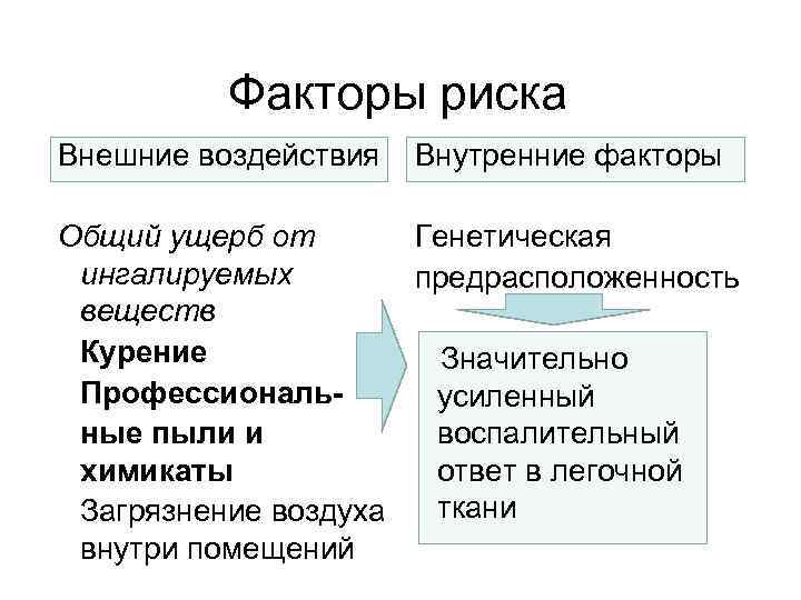 Факторы риска Внешние воздействия Внутренние факторы Генетическая Общий ущерб от ингалируемых предрасположенность веществ •