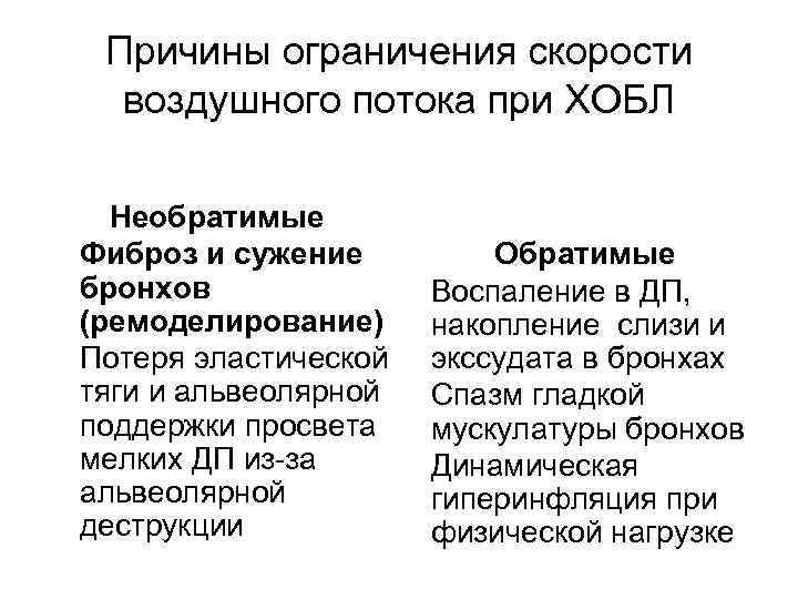 Причины ограничения скорости воздушного потока при ХОБЛ Необратимые Обратимые • Фиброз и сужение бронхов