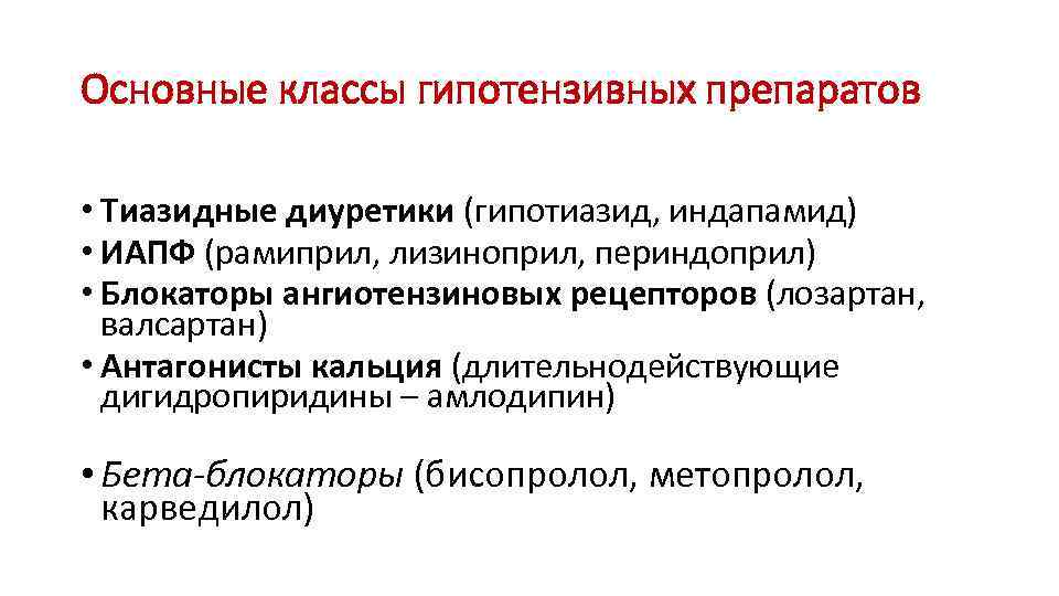 Основные классы гипотензивных препаратов • Тиазидные диуретики (гипотиазид, индапамид) • ИАПФ (рамиприл, лизиноприл, периндоприл)