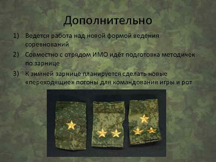 Дополнительно 1) Ведется работа над новой формой ведения соревнований 2) Совместно с отрядом ИМО