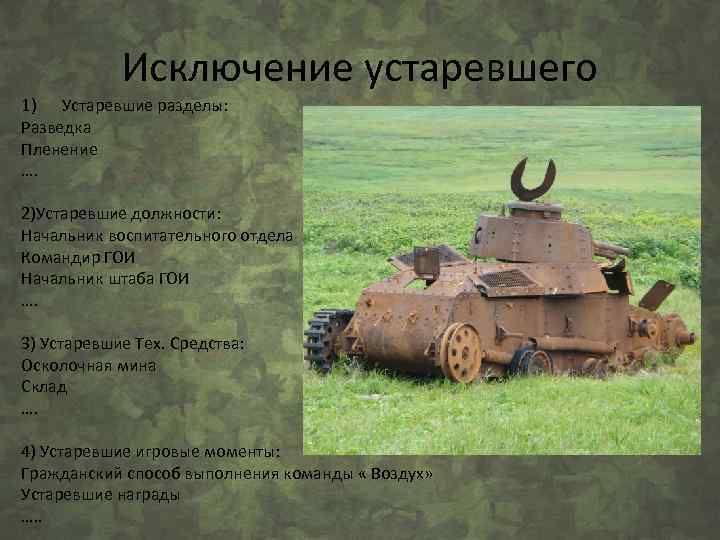 Исключение устаревшего 1) Устаревшие разделы: Разведка Пленение …. 2)Устаревшие должности: Начальник воспитательного отдела Командир