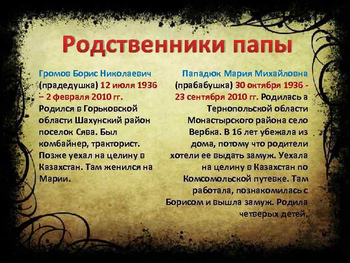 Родственники папы Громов Борис Николаевич (прадедушка) 12 июля 1936 – 2 февраля 2010 гг.