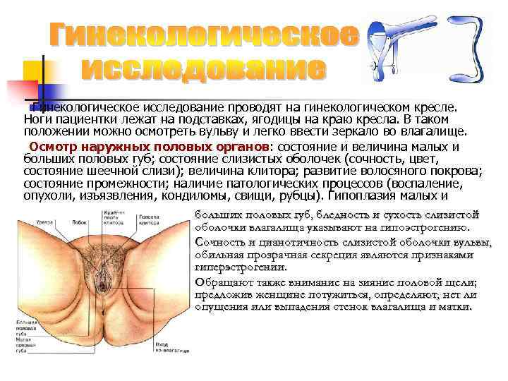 Гинекологическое исследование проводят на гинекологическом кресле. Ноги пациентки лежат на подставках, ягодицы на краю