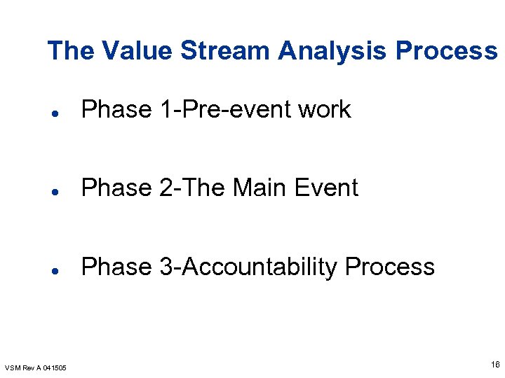 The Value Stream Analysis Process l Phase 1 -Pre-event work l Phase 2 -The