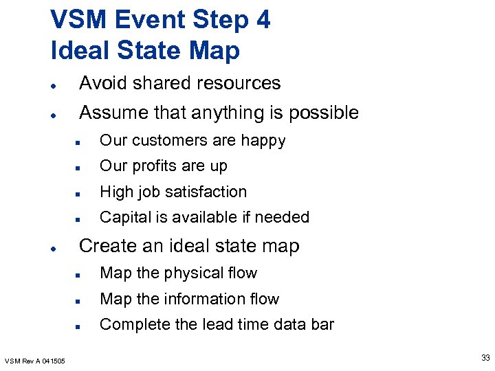 VSM Event Step 4 Ideal State Map l Avoid shared resources l Assume that
