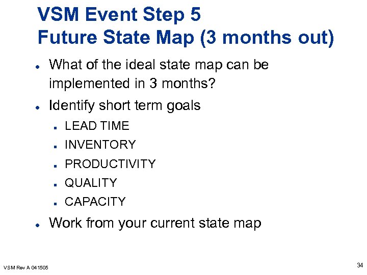 VSM Event Step 5 Future State Map (3 months out) l l What of