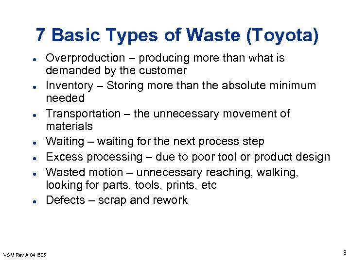 7 Basic Types of Waste (Toyota) l l l l Overproduction – producing more