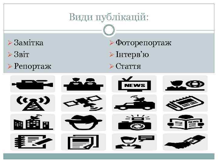 Види публікацій: Ø Замітка Ø Фоторепортаж Ø Звіт Ø Інтерв’ю Ø Репортаж Ø Стаття