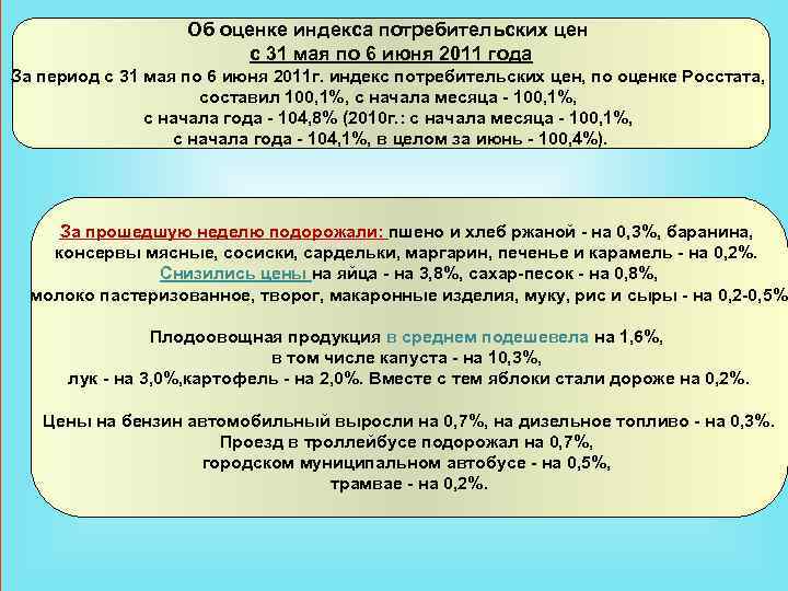 Об оценке индекса потребительских цен с 31 мая по 6 июня 2011 года За