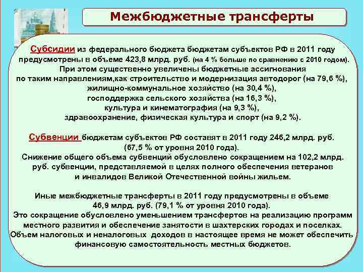Межбюджетные трансферты Субсидии из федерального бюджетам субъектов РФ в 2011 году предусмотрены в объеме