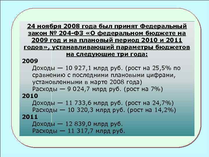 24 ноября 2008 года был принят Федеральный закон № 204 -ФЗ «О федеральном бюджете