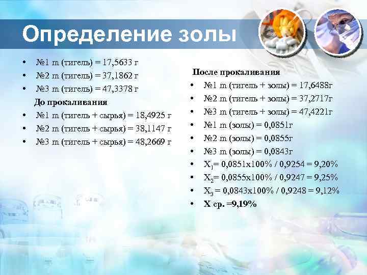 Определение золы • • • № 1 m (тигель) = 17, 5633 г №