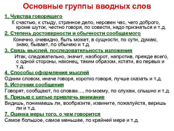 Основные группы вводных слов 1. Чувства говорящего К счастью, к стыду, странное дело, неровен