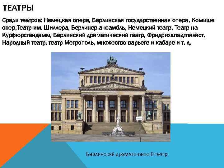 ТЕАТРЫ Среди театров: Немецкая опера, Берлинская государственная опера, Комише опер, Театр им. Шиллера, Берлинер