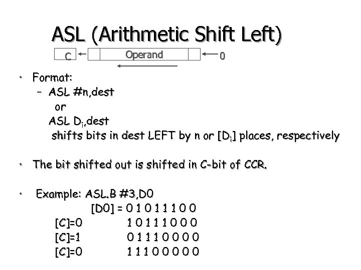 ASL (Arithmetic Shift Left) C Operand 0 • Format: – ASL #n, dest or