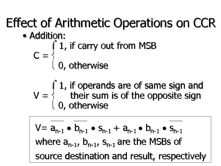 Effect of Arithmetic Operations on CCR • Addition: 1, if carry out from MSB