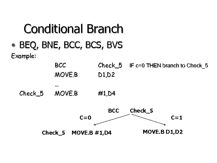 Conditional Branch • BEQ, BNE, BCC, BCS, BVS Example: BCC Check_5 MOVE. B D