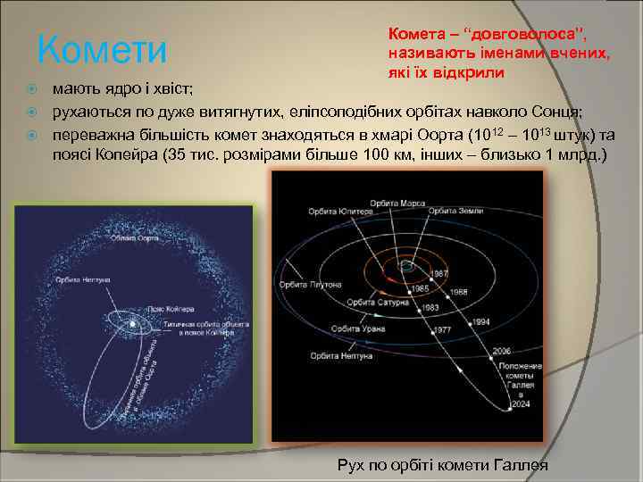 Комети Комета – “довговолоса”, називають іменами вчених, які їх відкрили мають ядро і хвіст;