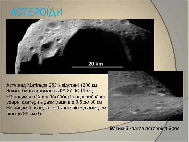 АСТЕРОЇДИ Астероїд Матільда 253 з відстані 1200 км. Знімок було отримано з КА 27.
