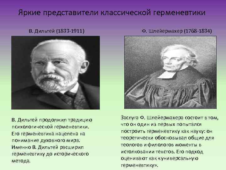 Яркие представители классической герменевтики В. Дильтей (1833 -1911) В. Дильтей продолжил традицию психологической герменевтики.