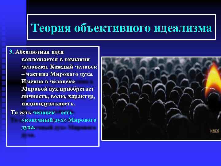 Теория объективного идеализма 3. Абсолютная идея воплощается в сознании человека. Каждый человек – частица