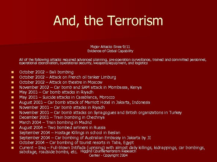 And, the Terrorism Major Attacks Since 9/11 Evidence of Global Capability All of the