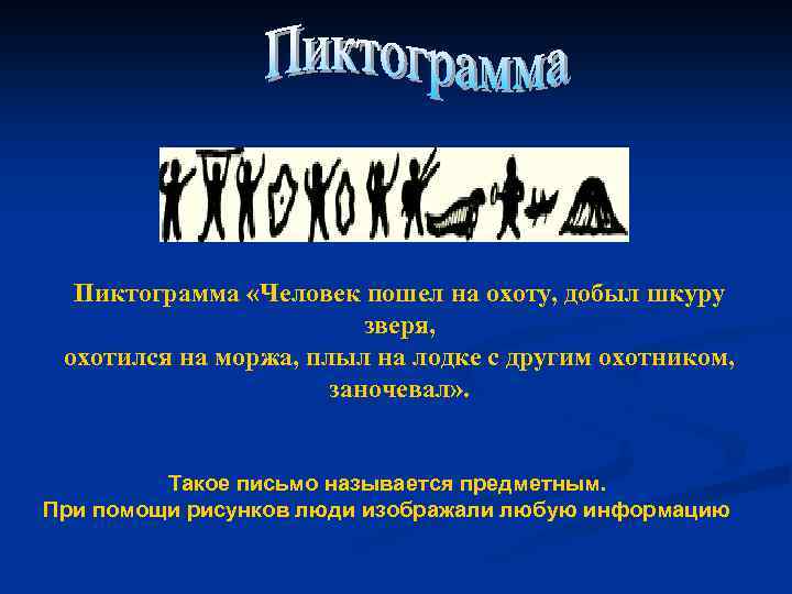 Пиктограмма «Человек пошел на охоту, добыл шкуру зверя, охотился на моржа, плыл на лодке