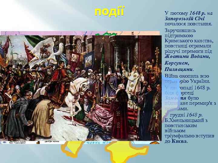 події У лютому 1648 р. на Запорозькій Січі почалося повстання. Заручившись підтримкою Кримського ханства,