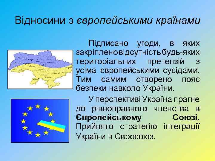 Відносини з європейськими країнами Підписано угоди, в яких закріплено відсутність будь-яких територіальних претензій з
