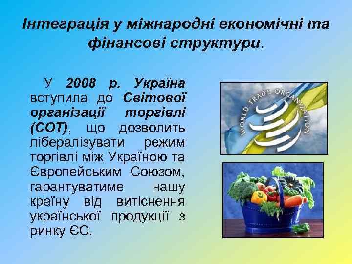 Інтеграція у міжнародні економічні та фінансові структури. У 2008 р. Україна вступила до Світової