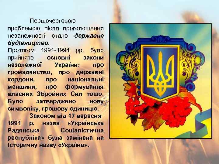 Першочерговою проблемою після проголошення незалежності стало державне будівництво. Протягом 1991 -1994 рр. було прийнято