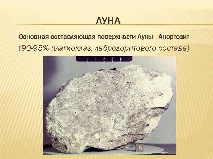 ЛУНА Основная составляющая поверхности Луны - Анортозит (90 -95% плагиоклаз, лабродоритового состава) 