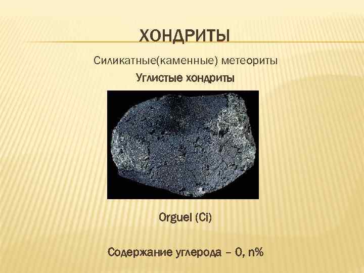ХОНДРИТЫ Силикатные(каменные) метеориты Углистые хондриты Orguel (Ci) Содержание углерода – 0, n% 