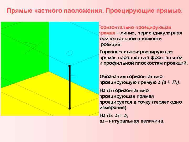 Прямые частного паоложения. Проецирующие прямые. Горизонтально-проецирующая прямая – линия, перпендикулярная прямая горизонтальной плоскости проекций.