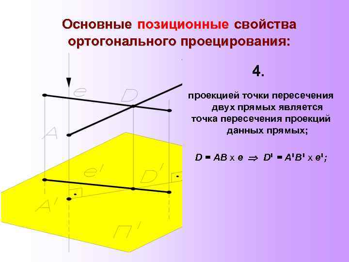 Основные позиционные свойства ортогонального проецирования: 4. проекцией точки пересечения двух прямых является точка пересечения
