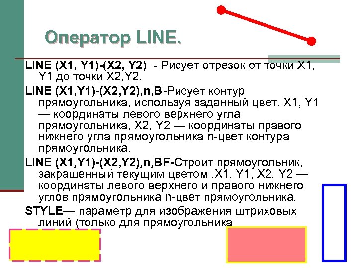Оператор LINE (X 1, Y 1)-(X 2, Y 2) Рисует отрезок от точки X