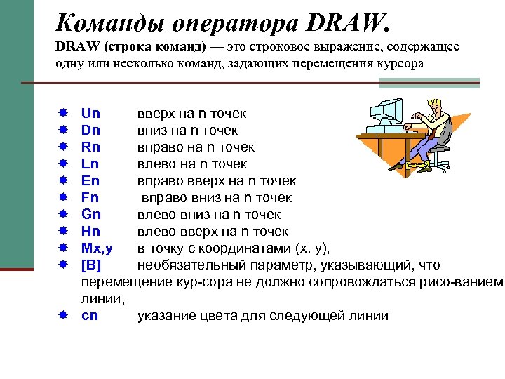 Команды оператора DRAW (строка команд) — это строковое выражение, содержащее одну или несколько команд,
