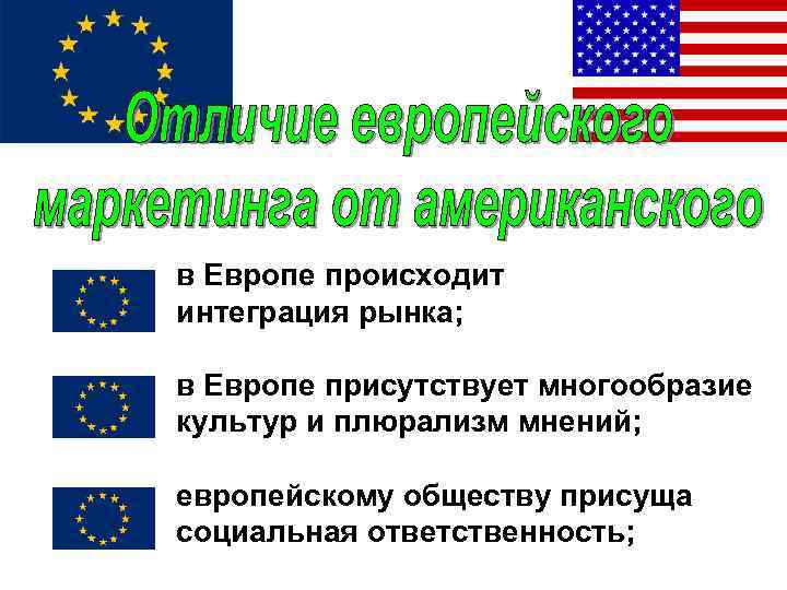 в Европе происходит интеграция рынка; в Европе присутствует многообразие культур и плюрализм мнений; европейскому