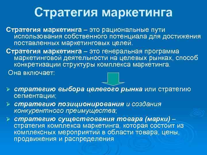 Стратегия маркетинга – это рациональные пути использования собственного потенциала для достижения поставленных маркетинговых целей.