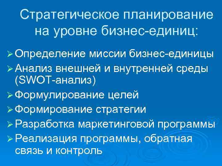 Стратегическое планирование на уровне бизнес-единиц: Ø Определение миссии бизнес-единицы Ø Анализ внешней и внутренней