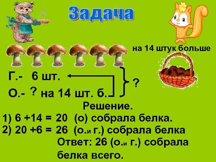 на 14 штук больше Г. - 6 шт. О. - ? на 14 шт.