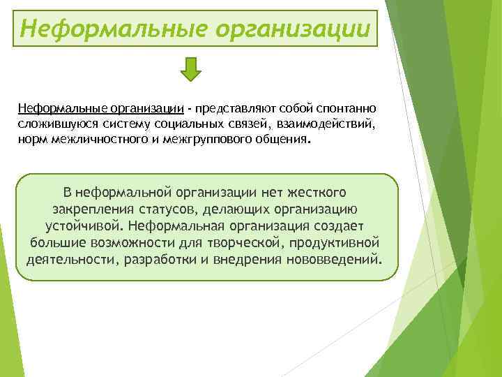 Неформальные организации - представляют собой спонтанно сложившуюся систему социальных связей, взаимодействий, норм межличностного и