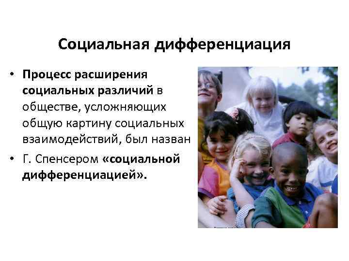 Социальная дифференциация • Процесс расширения социальных различий в обществе, усложняющих общую картину социальных взаимодействий,
