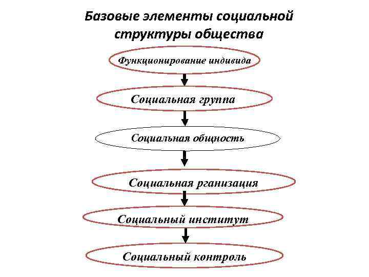 Базовые элементы социальной структуры общества Функционирование индивида Социальная группа Социальная общность Социальная рганизация Социальный