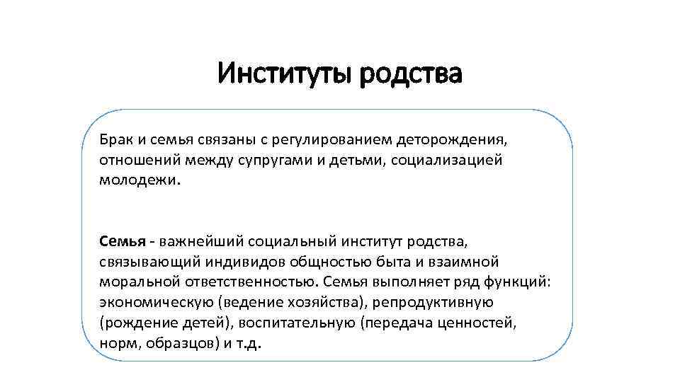 Институты родства Брак и семья связаны с регулированием деторождения, отношений между супругами и детьми,