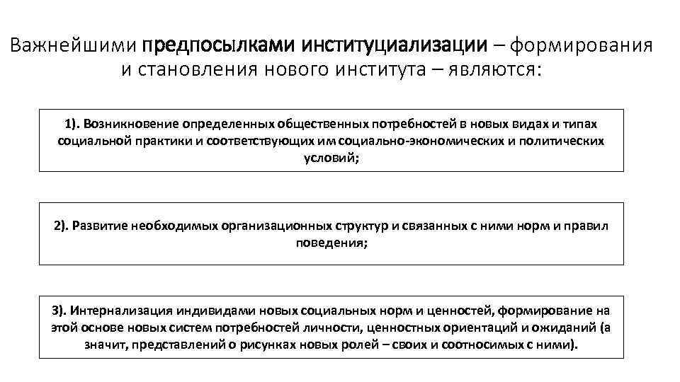 Важнейшими предпосылками институциализации – формирования и становления нового института – являются: 1). Возникновение определенных