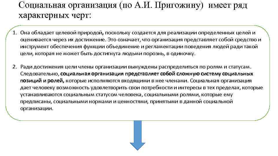 Социальная организация (по А. И. Пригожину) имеет ряд характерных черт: 1. Она обладает целевой