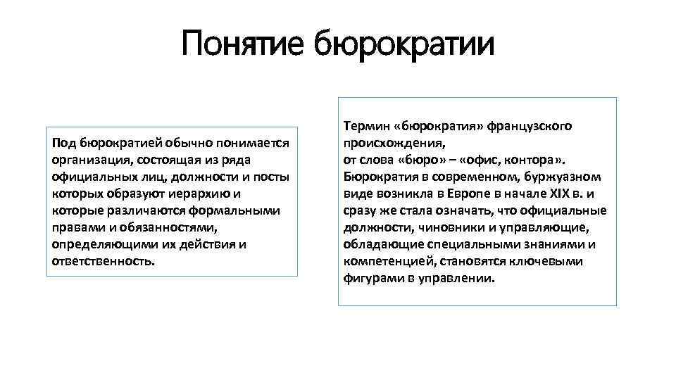 Понятие бюрократии Под бюрократией обычно понимается организация, состоящая из ряда официальных лиц, должности и